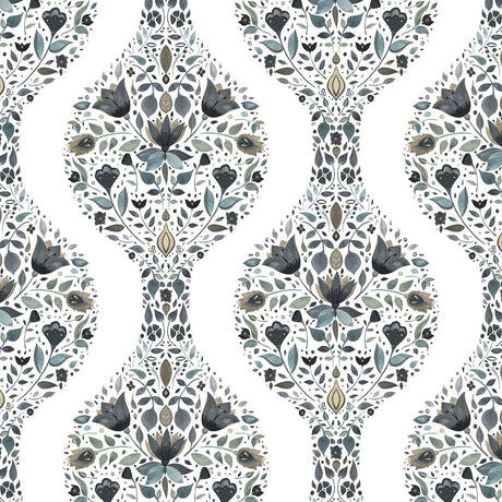 Seabrook Floral Ogee Steel & Rustic Taupe Wallpaper