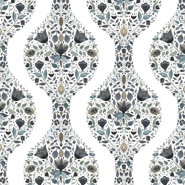 Seabrook Floral Ogee Steel & Rustic Taupe Wallpaper