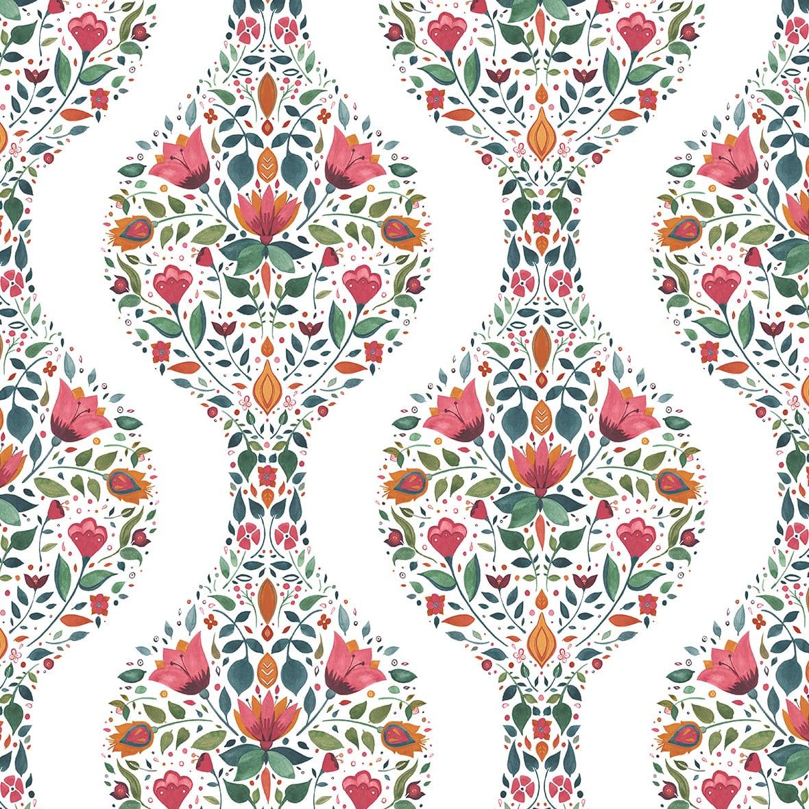 Seabrook Floral Ogee Rose Pink & Spruce Wallpaper