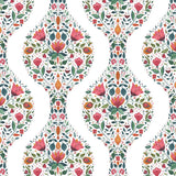 Seabrook Floral Ogee Rose Pink & Spruce Wallpaper