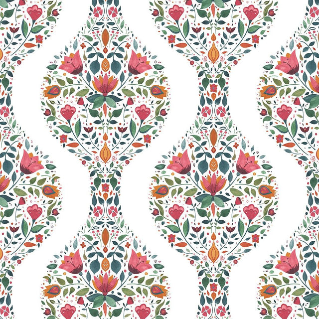 Seabrook Floral Ogee Rose Pink & Spruce Wallpaper