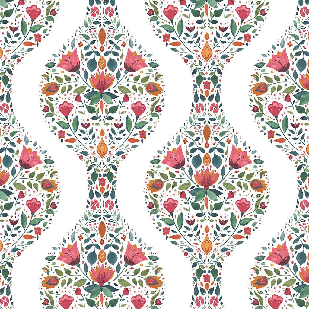 Seabrook Floral Ogee Multicolored Wallpaper