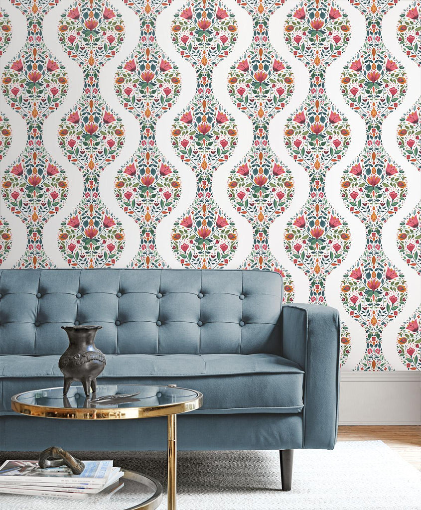 Seabrook Floral Ogee Multicolored Wallpaper