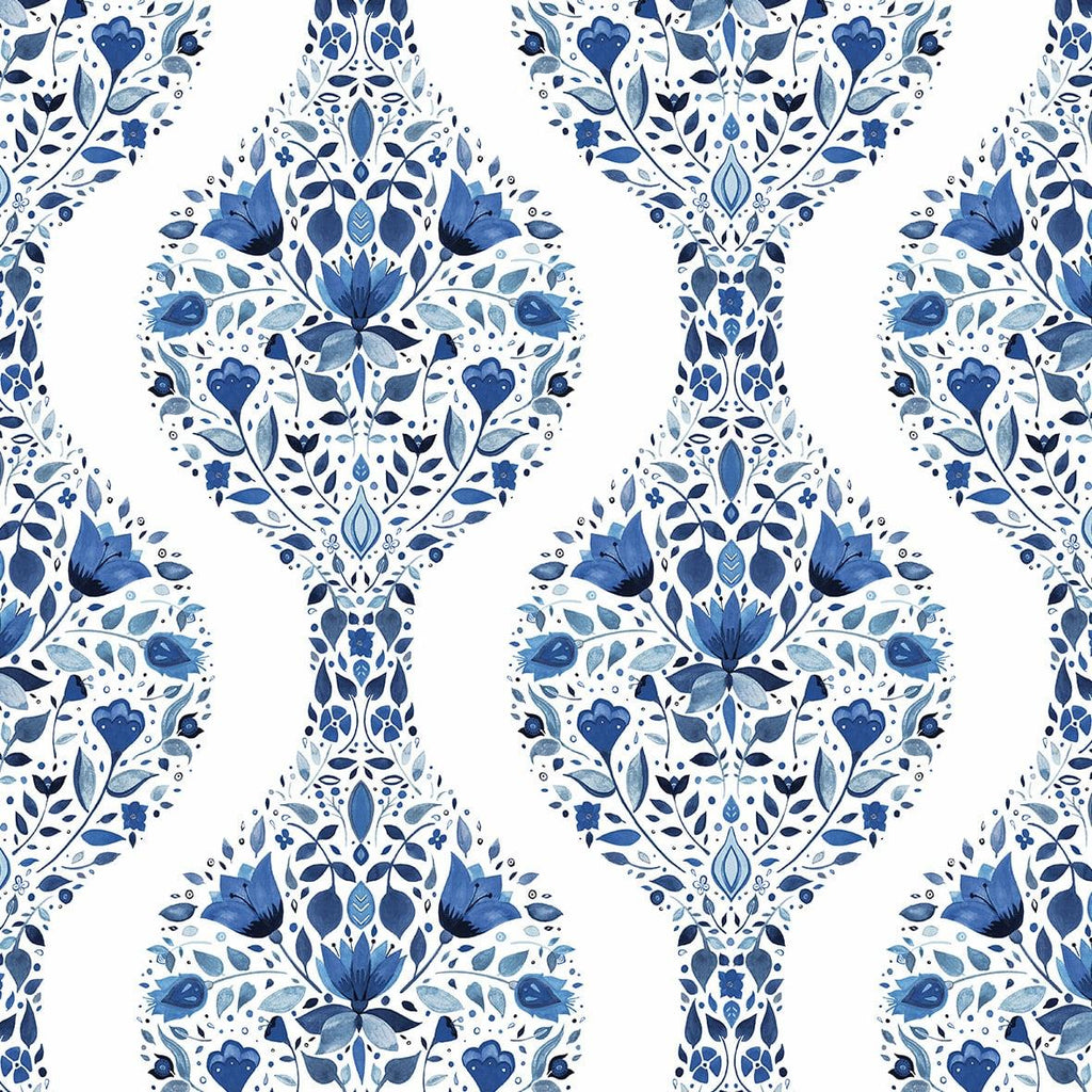 Seabrook Floral Ogee Blue Wallpaper