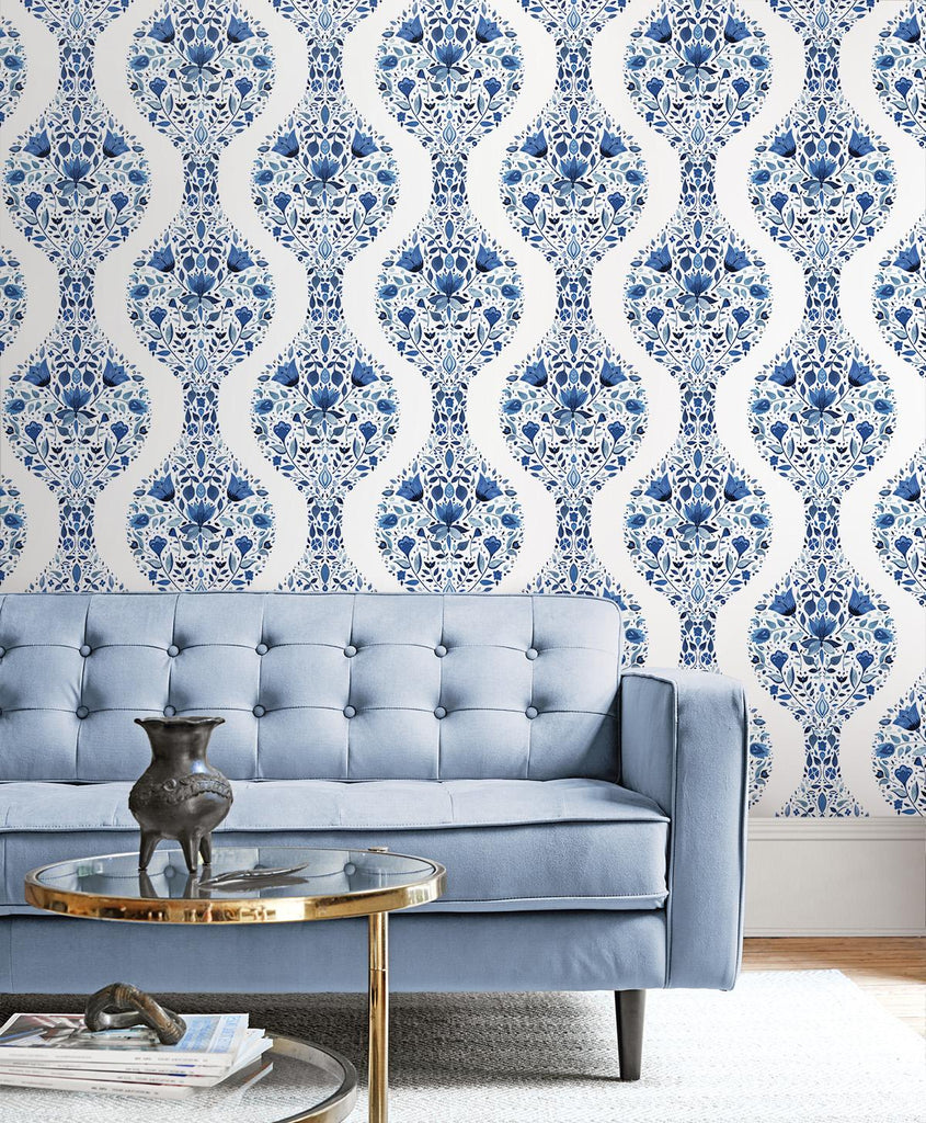 Seabrook Floral Ogee Blue Wallpaper