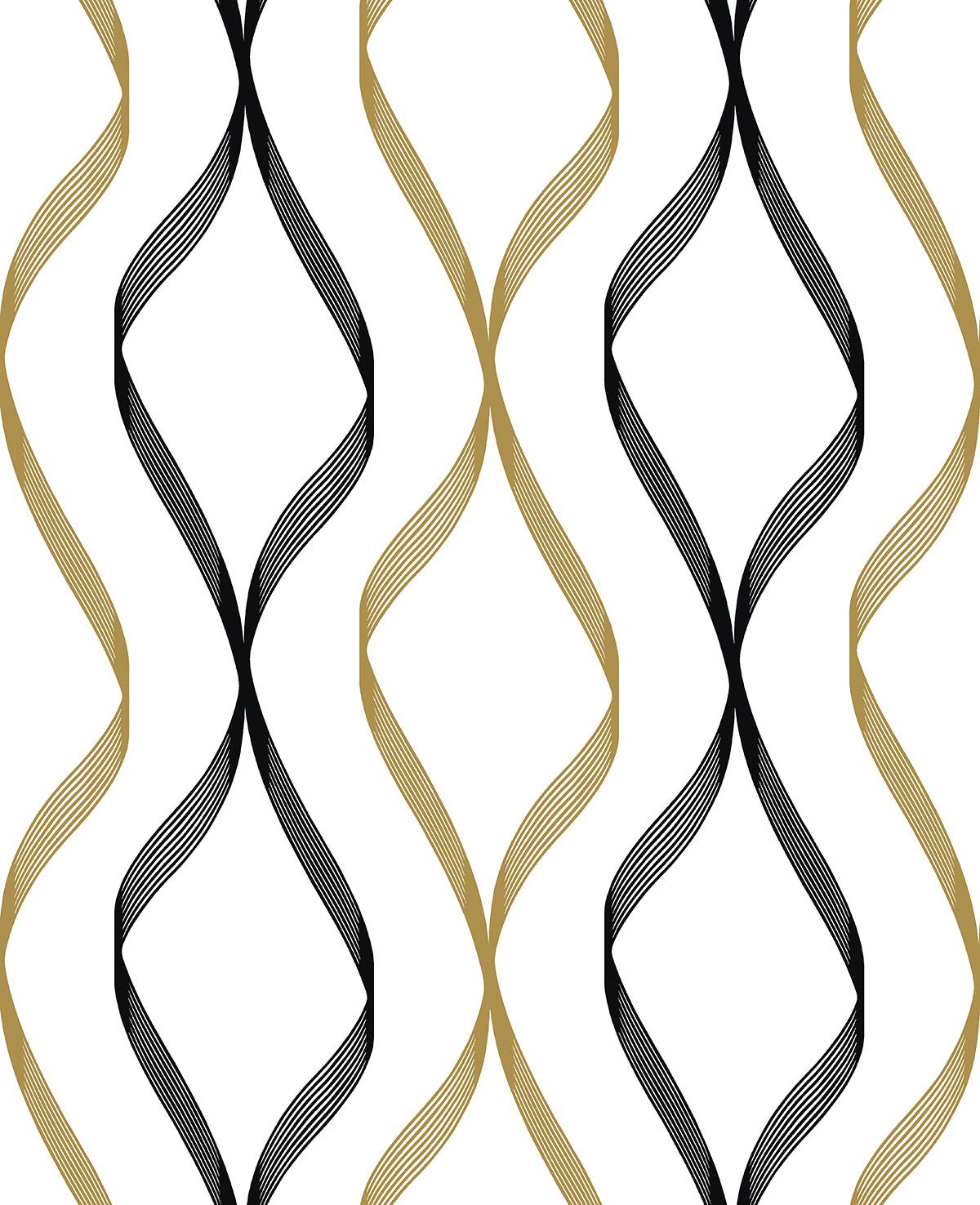Seabrook Ogee Ribbon Metallic Gold & Ebony Wallpaper