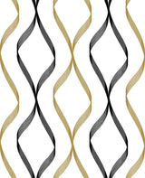 Seabrook Ogee Ribbon Metallic Gold & Ebony Wallpaper