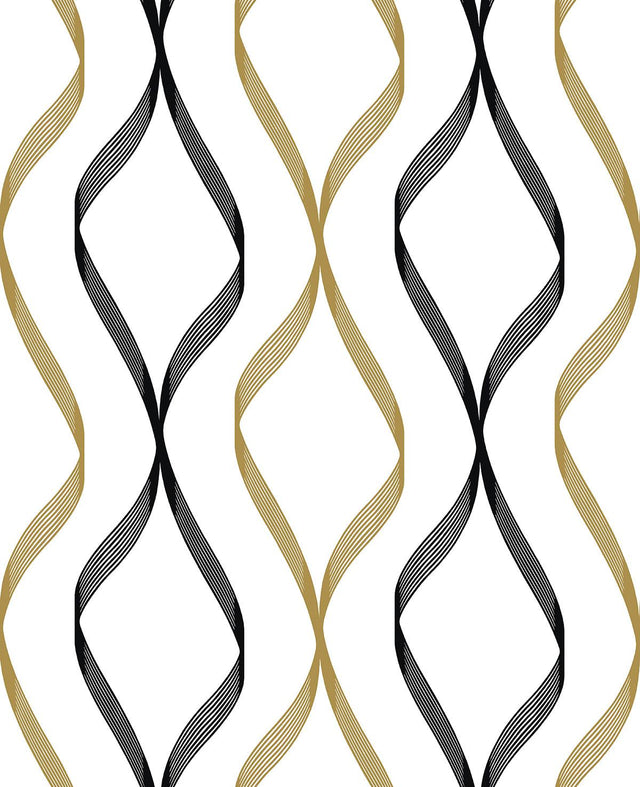 Seabrook Ogee Ribbon Metallic Gold & Ebony Wallpaper