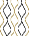 Seabrook Ogee Ribbon Metallic Gold & Ebony Wallpaper