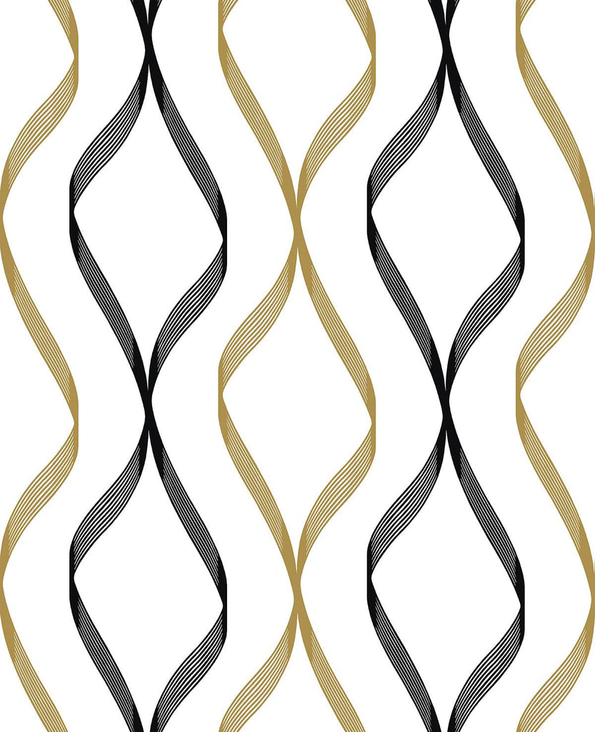 Seabrook Ogee Ribbon Gold Wallpaper