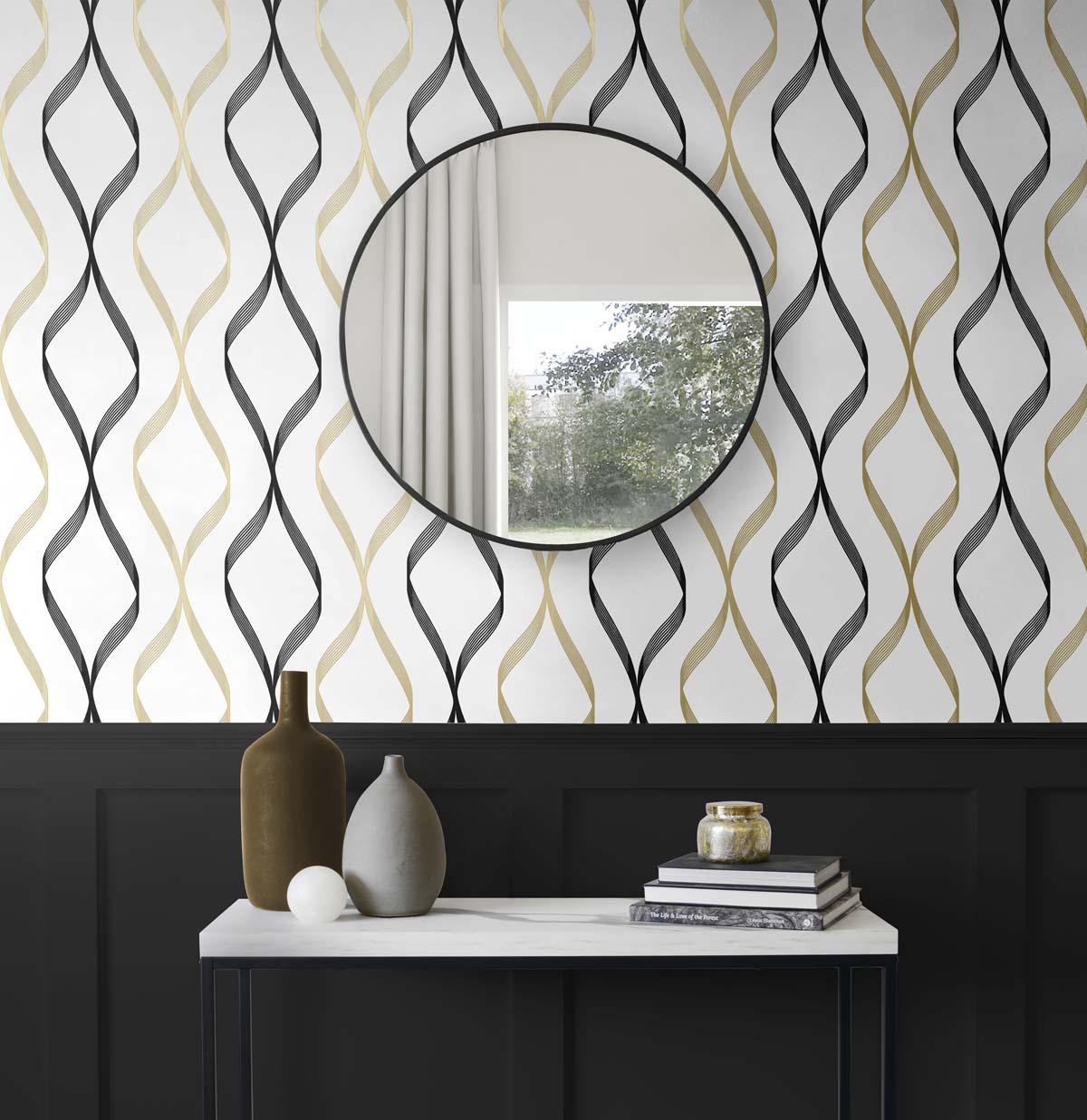 Seabrook Ogee Ribbon Gold Wallpaper