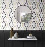 Seabrook Ogee Ribbon Gold Wallpaper