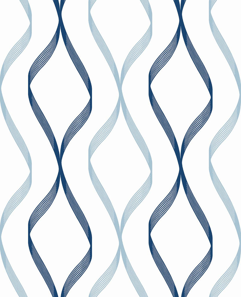 Seabrook Ogee Ribbon Blue Wallpaper