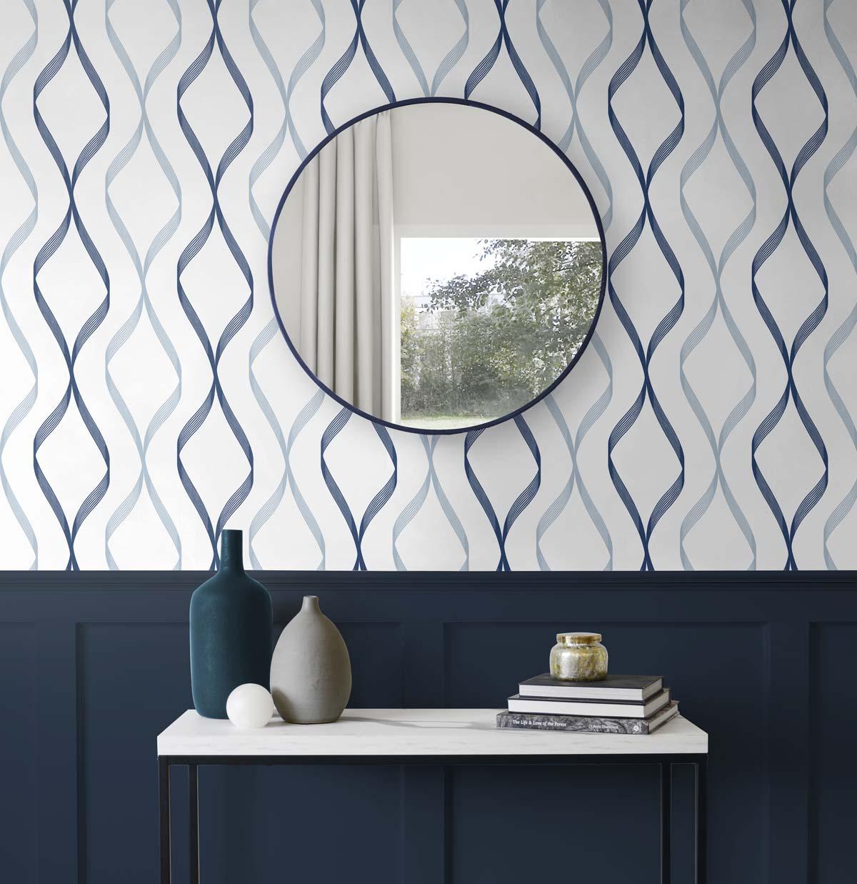 Seabrook Ogee Ribbon Blue Wallpaper