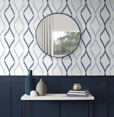 Seabrook Ogee Ribbon Blue Wallpaper