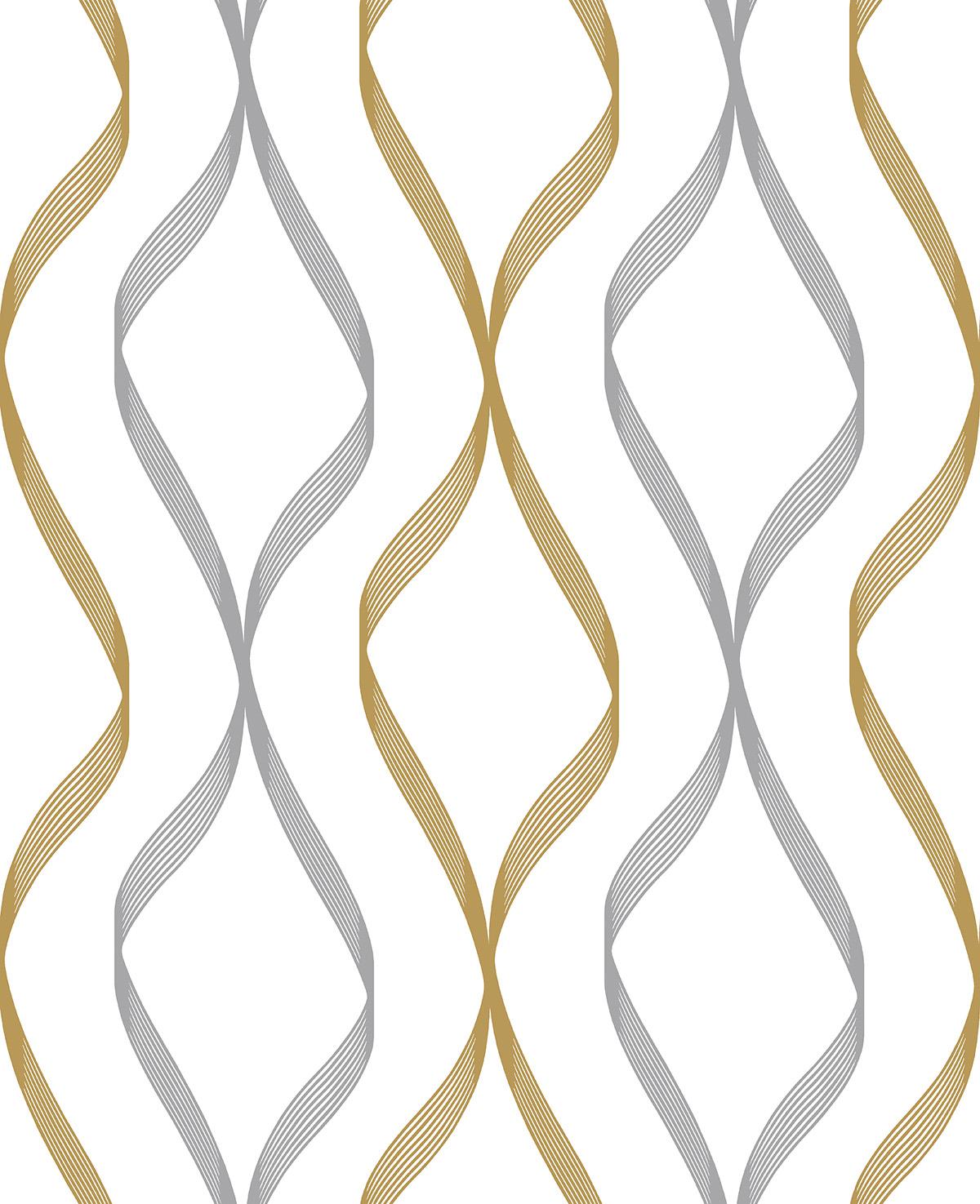 Seabrook Ogee Ribbon Silver & Gold Wallpaper