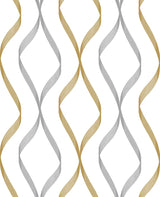 Seabrook Ogee Ribbon Silver & Gold Wallpaper