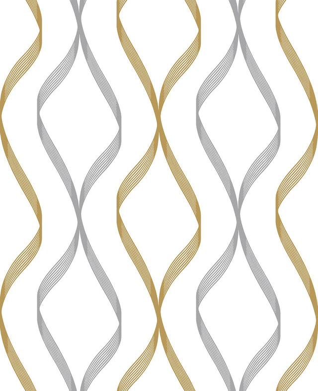 Seabrook Ogee Ribbon Silver & Gold Wallpaper