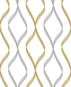 Seabrook Ogee Ribbon Silver & Gold Wallpaper