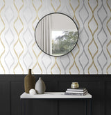 Seabrook Ogee Ribbon Silver Wallpaper