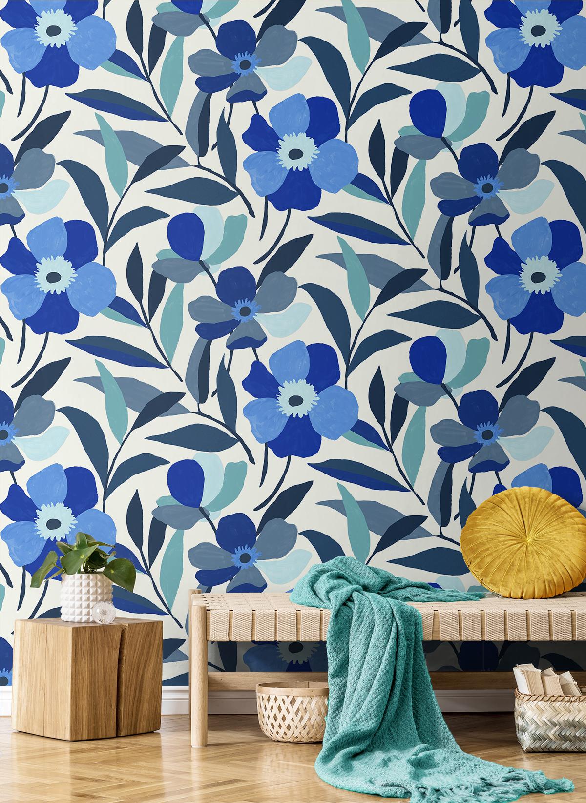 Seabrook Garden Block Floral Blue Wallpaper