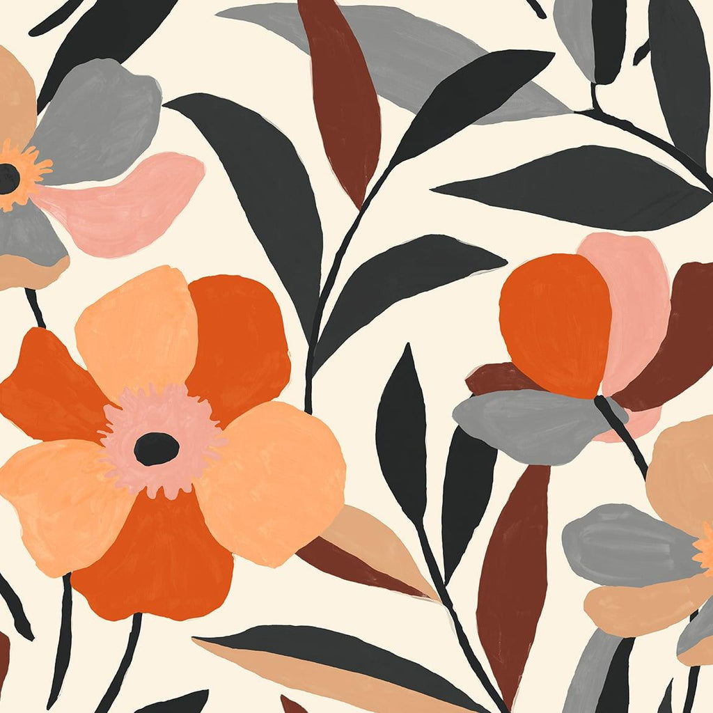 Seabrook Garden Block Floral Orange Wallpaper