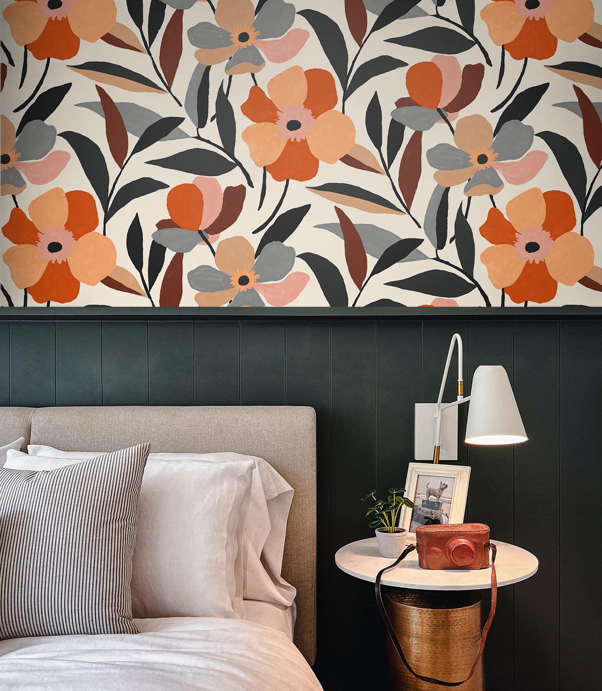 Seabrook Garden Block Floral Orange Wallpaper