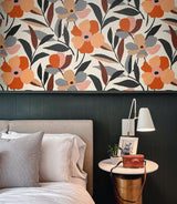 Seabrook Garden Block Floral Orange Wallpaper