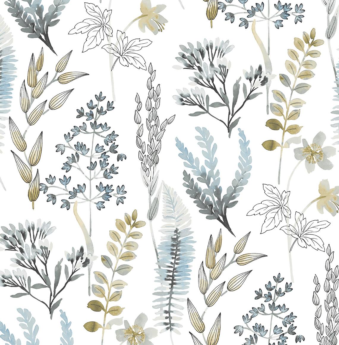 Seabrook Wild Garden Glacier Blue & Matte Brass Wallpaper