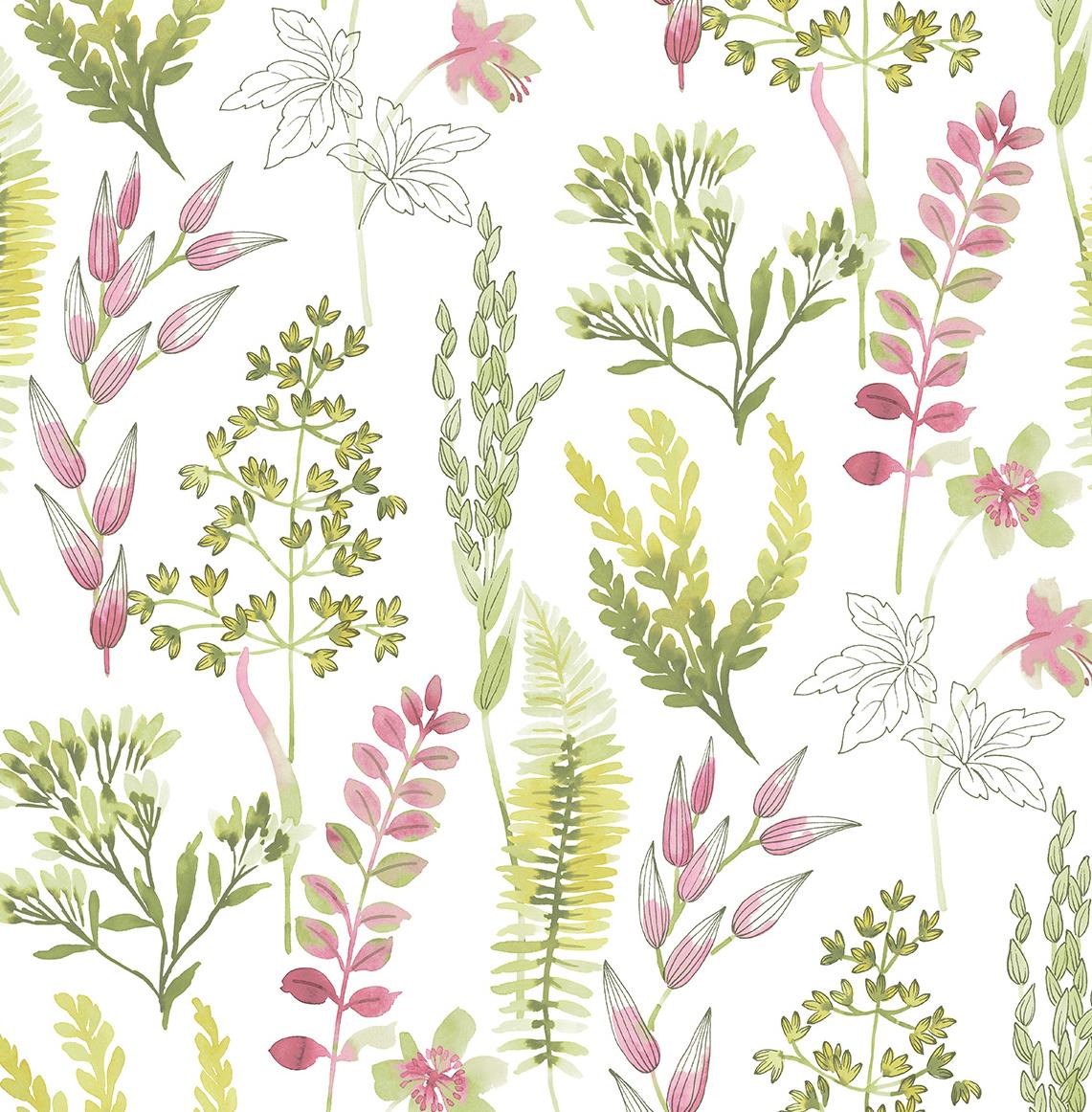 Seabrook Wild Garden Lemongrass & Posy Pink Wallpaper
