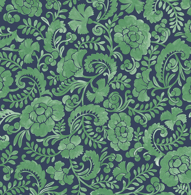 Seabrook Tonal Paisley Spearmint & Navy Wallpaper