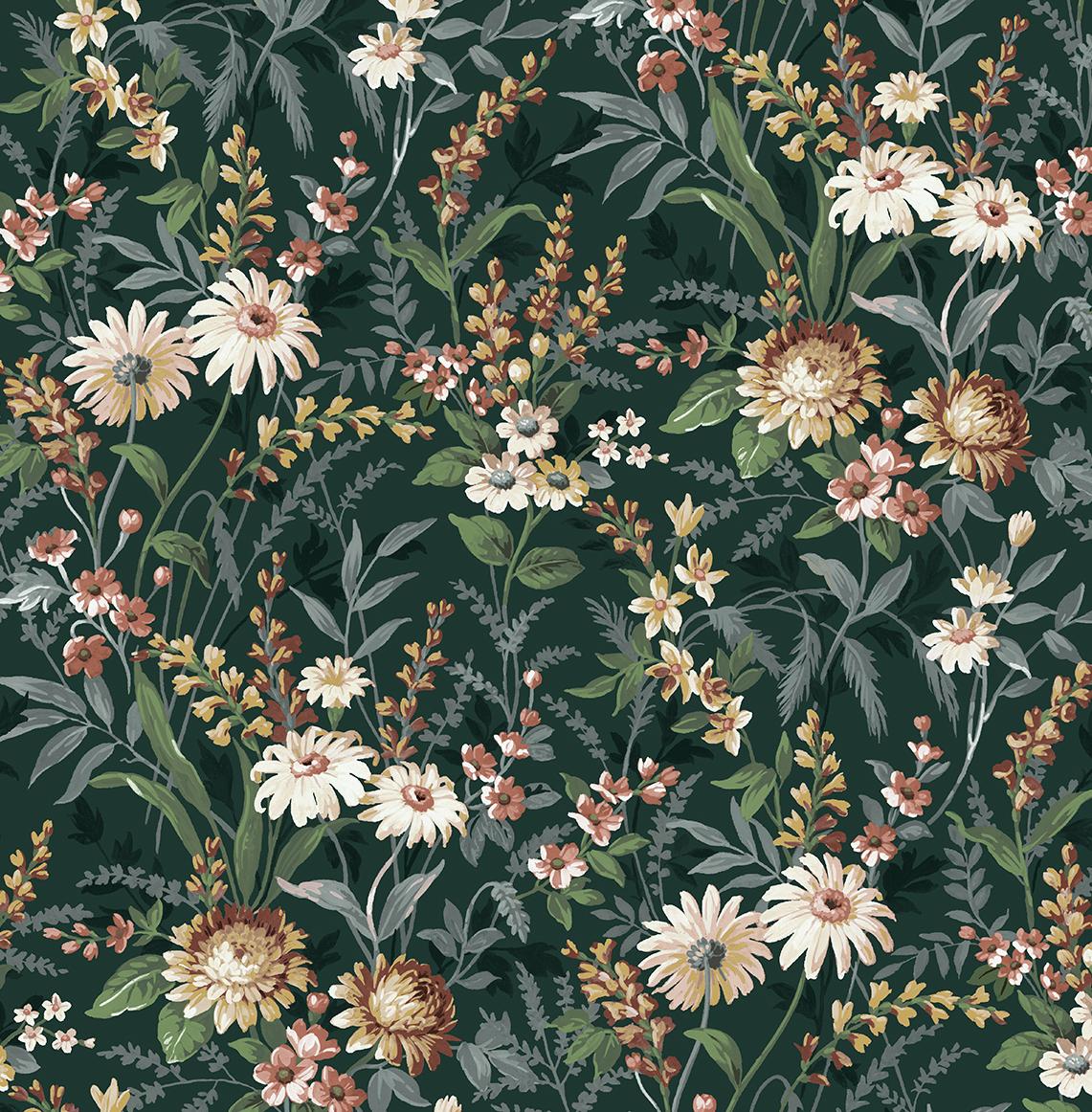 Seabrook Vintage Floral Forest Green Wallpaper