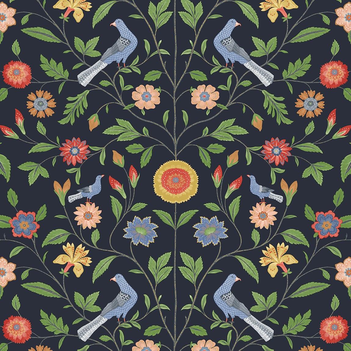 Seabrook Bird Toile Midnight Blue Wallpaper