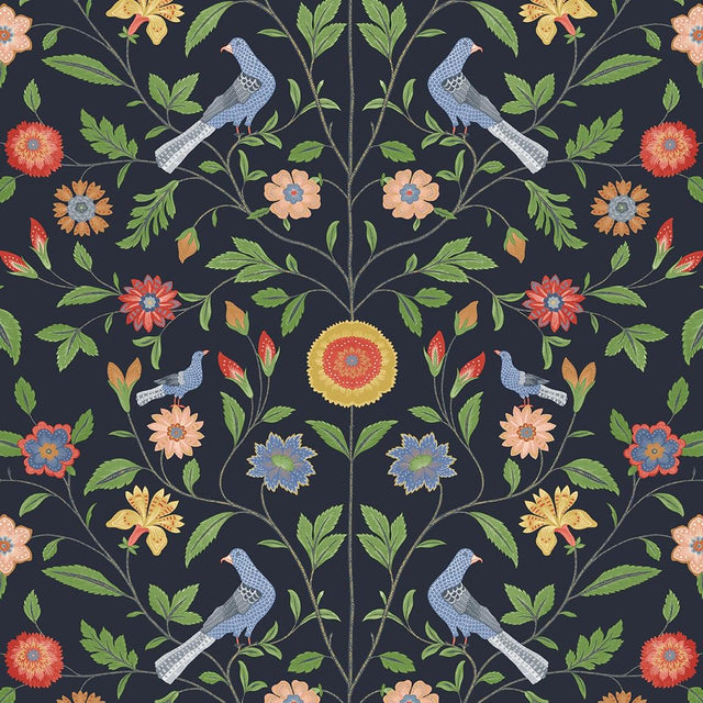 Seabrook Bird Toile Midnight Blue Wallpaper