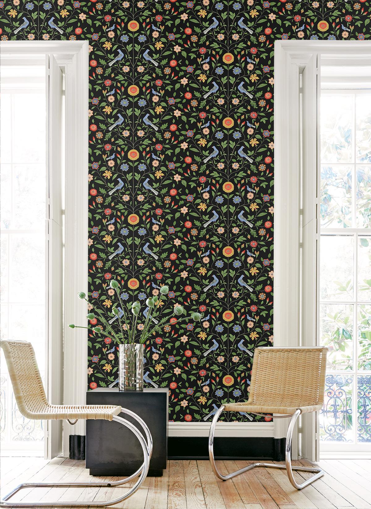 Seabrook Bird Toile Black Wallpaper