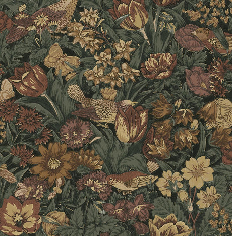 Seabrook Bird Floral Mahogany & Graphite Wallpaper