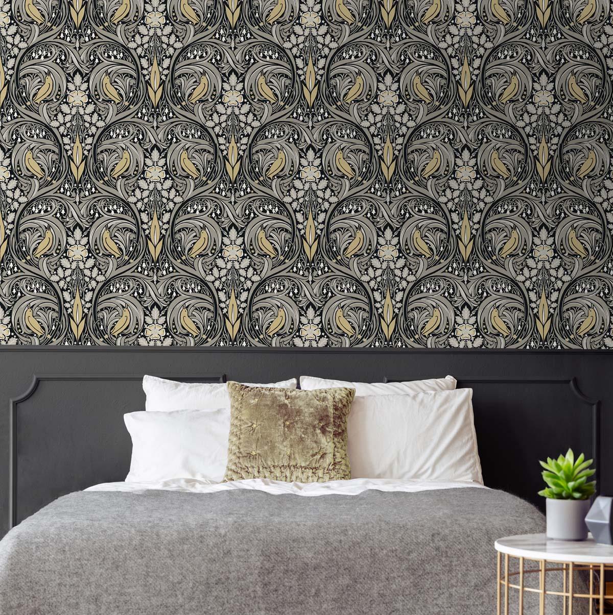 Seabrook Bird Ogee Black Wallpaper
