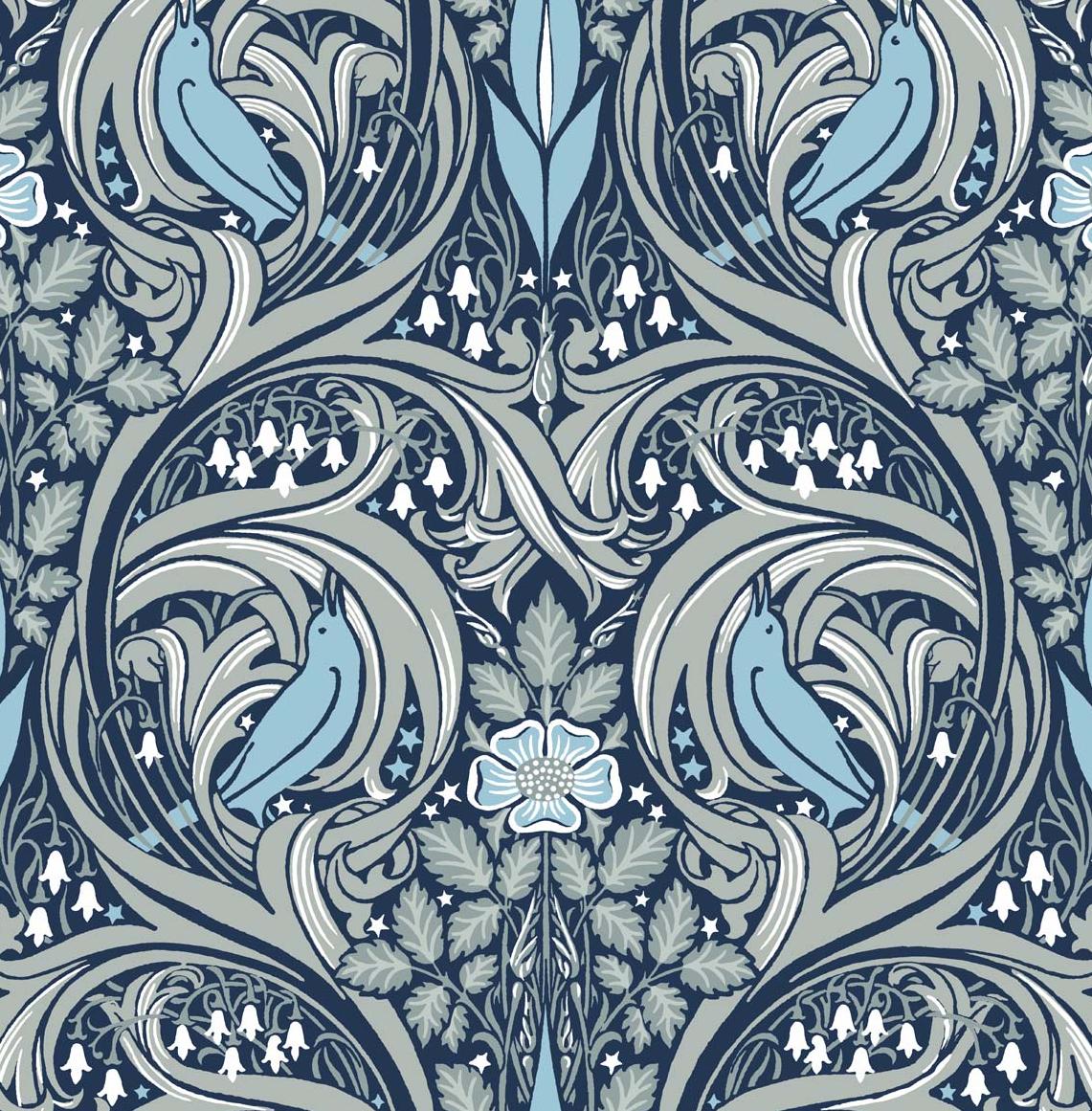 Seabrook Bird Ogee Navy & Sky Blue Wallpaper