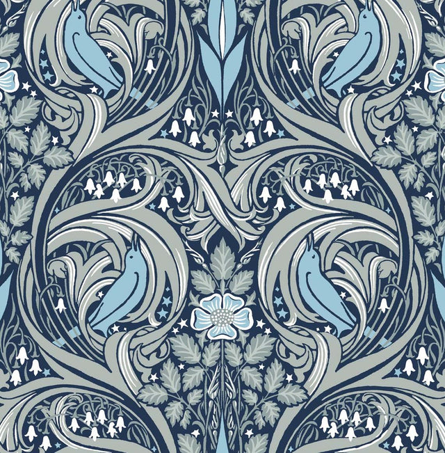 Seabrook Bird Ogee Navy & Sky Blue Wallpaper