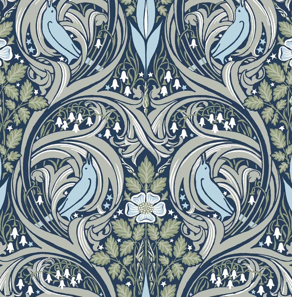 Seabrook Bird Ogee Navy & Fern Green Wallpaper