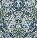 Seabrook Bird Ogee Navy & Fern Green Wallpaper