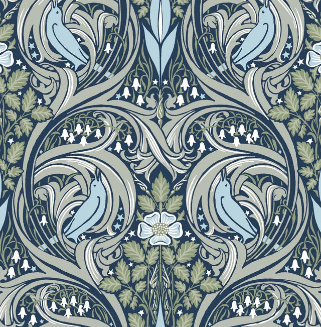 Seabrook Bird Ogee Navy & Fern Green Wallpaper