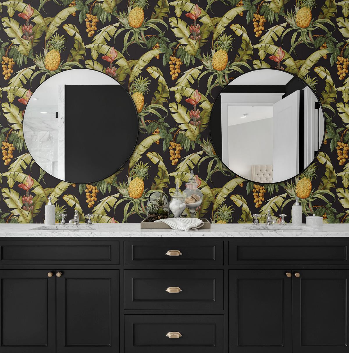 Seabrook Pineapple Floral Black Wallpaper