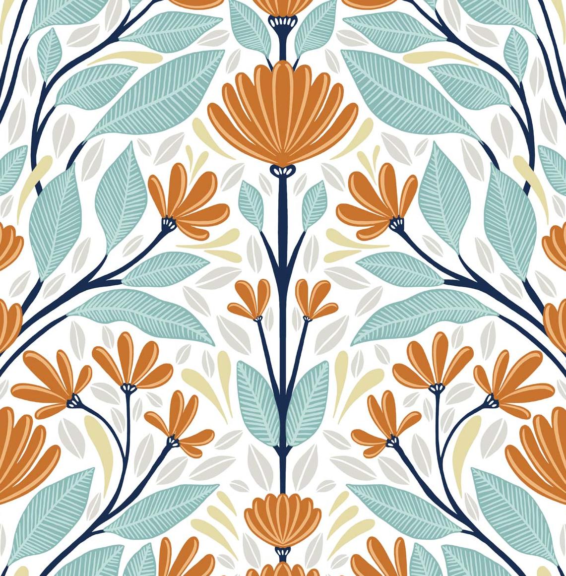 Seabrook Folk Floral Verdigris & Orange Wallpaper