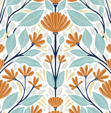 Seabrook Folk Floral Verdigris & Orange Wallpaper