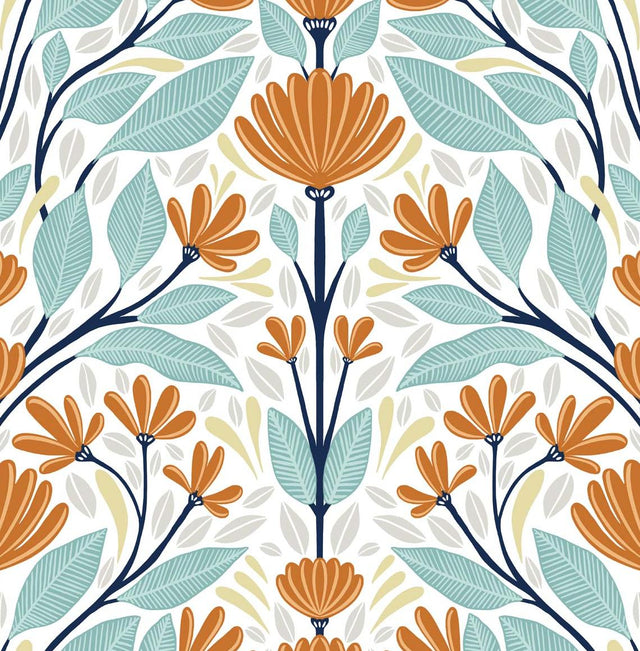 Seabrook Folk Floral Verdigris & Orange Wallpaper