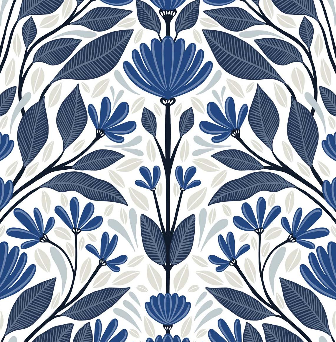 Seabrook Folk Floral Blue Sapphire & Pavestone Wallpaper