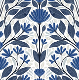 Seabrook Folk Floral Blue Sapphire & Pavestone Wallpaper