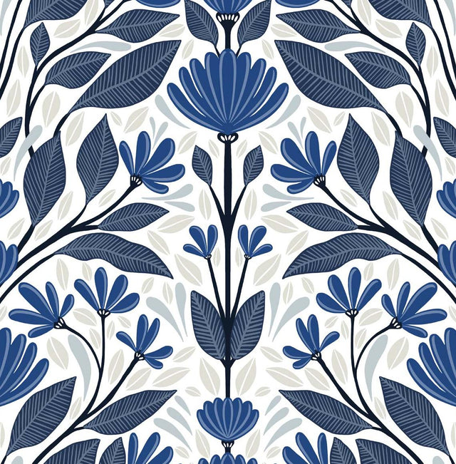 Seabrook Folk Floral Blue Sapphire & Pavestone Wallpaper