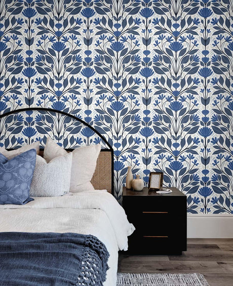 Seabrook Folk Floral Blue Wallpaper